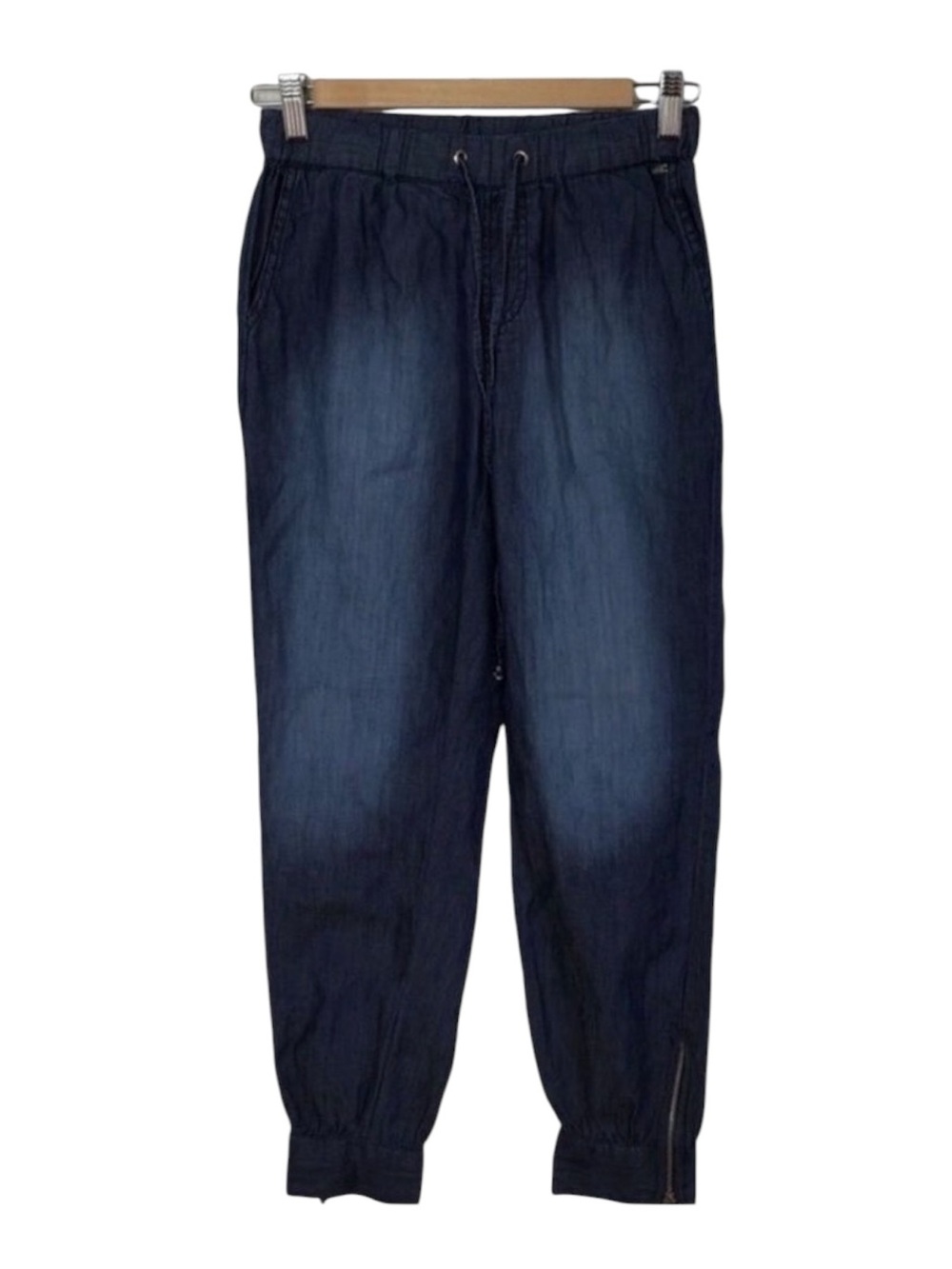 GUESS track pants lightweight blue denim pleated bottom zippers casual jeans XS